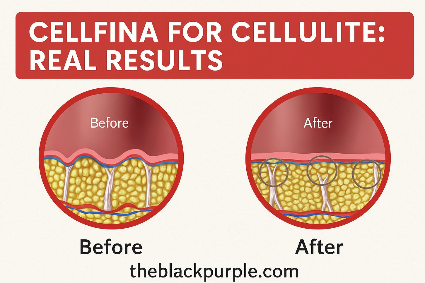 Infographic showing before and after results of Cellfina cellulite treatment. Before: skin with visible dimples caused by connective bands. After: smoother skin surface with connective bands released.