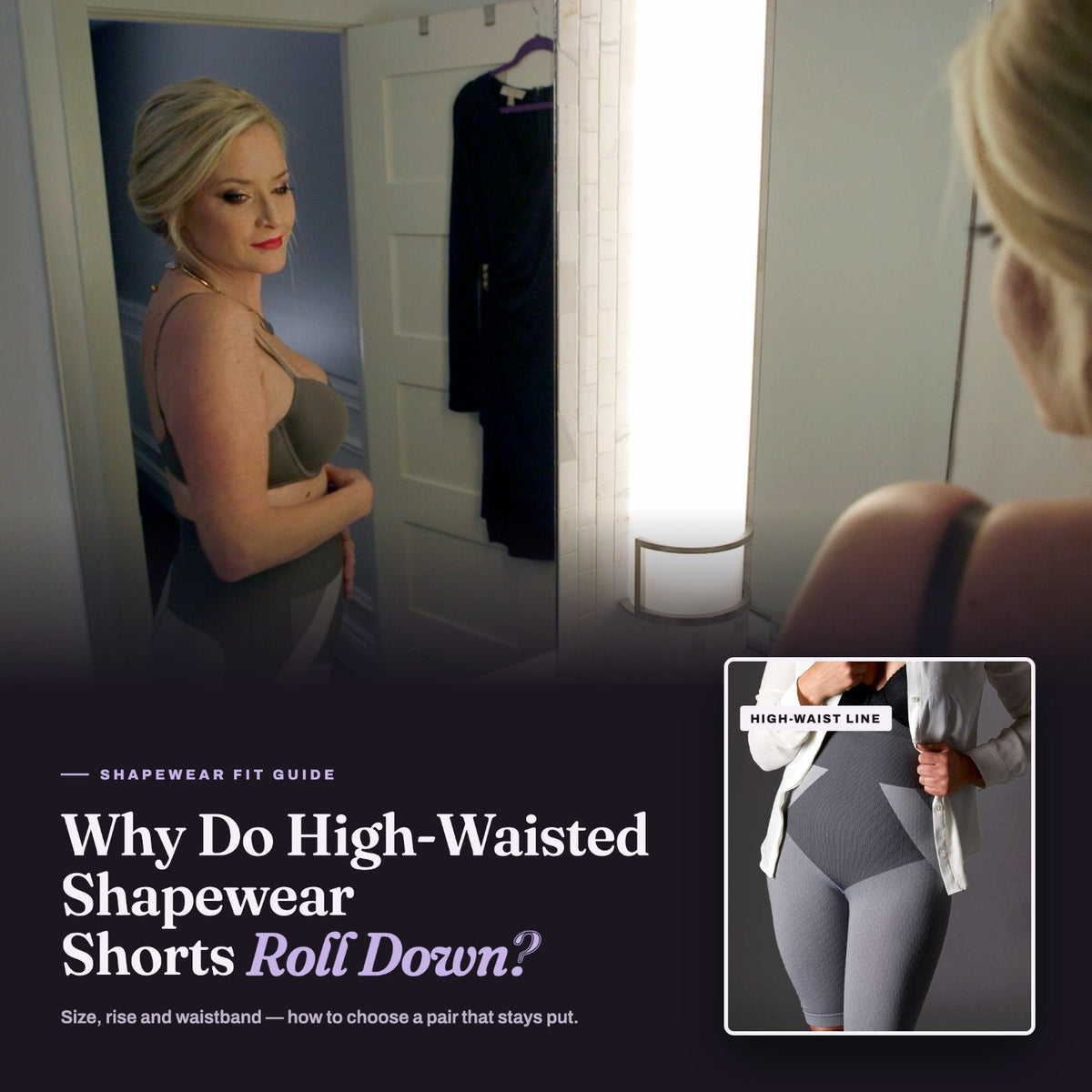 Woman over 45 checking the fit of high-waisted shapewear in a mirror, with an inset of Mass & Slim shorts showing the waistband